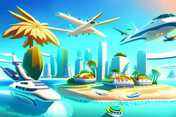 Create a Luxury lifestyle Futuristic Scenery of a beach. where All Luxury Private Transport are present for show in a single picture. Present Helicopter, Private Jet, Jet Man flying in air. Cars, Motorcycles are parked near on the land. and Jet Ski, Submarine, motorboat is floating near in the water. A Mega Yacht is Parked in a Distant. Add faraway island behind the Mega Yacht. the photo should give a luxury vibe. HD image. 1080 P.