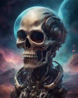 T-shirt format,portrait of bio-mechanical cyborg skull on alien planet, space nebula, low angle, cosmic space background, Rembrandt texture, loose painting style, intricate detail, cinematic lighting, octane render, 8k render, volumetric lighting, cosmos, deep outer space, professional ominous concept art, by artgerm and greg rutkowski, an intricate, elegant, highly detailed digital painting, concept art, smooth, sharp focus, illustration