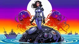 woman with dark hair in a silver robotic catsuit, standing on a futuristic alien beach with a crashed spaceship in the water, with mushrooms with octopus tentacles flying in the air