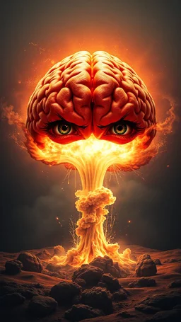 a human brain and eyes floating and crossed with a nuclear explosion