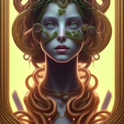 portrait of teenage medusa, with raised eyebrow, wicked smile, black snakes cover her head, hairless, wearing an embroidered rusty tunic, dark background, intricate, elegant, copper and emerald jewelry, glowing lights, highly detailed, digital painting, artstation, concept art, smooth, sharp focus, illustration, art by wlop, mucha, artgerm, and greg rutkowski golden ratio