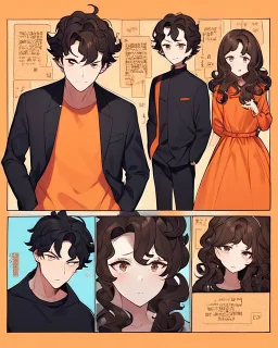 Anime manga style, Black boy with dark brown curly hair, wearing red and orange clothes and black jeans, always with one hand in his pocket, looking a little irritated
