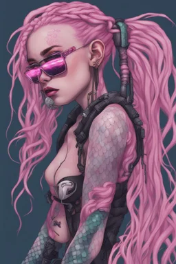 entire body mermaid cyberpunk some fish scales on face pink hair dreadlock sunglasses