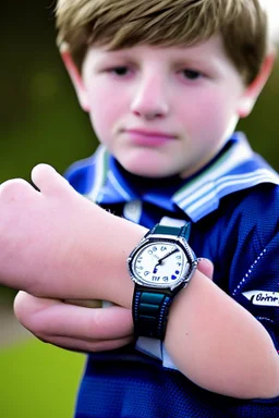 a boy with a timex stopped watch on his wrist