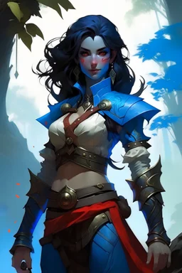 create an adult female air genasi from dungeons and dragons, black medium hair, light blue eyes, blue skin, wavy hair, wearing red leather armor, full body, digital painting, high resolution, forest background, a bit zoomed out