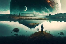 epic, cosmos, persons, big epic lake, planet, vegetation, movie poster hd