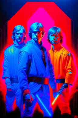 1970's dark fantasy cover dnd style oil painting of luke skywalker, obi-wan kenobi and han solo wearing sport outfits with minimalist far perspective. Neon pink and neon blue