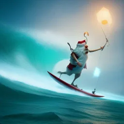 Santa standing of surfboard surfing a big wave, surfboard, beach, character design by cory loftis, fenghua zhong, ryohei hase, ismail inceoglu and ruan jia. unreal engine 5, artistic lighting, highly detailed, photorealistic, fantasy