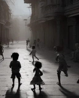 children playing on the indian street capture them against the sun and make an art silhouette, details, sharp, black and white 8k