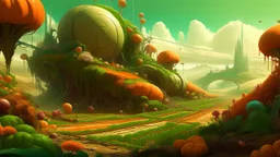 A futuristic digital painting depicting a surreal landscape filled with organic and mechanical hybrid vegetables