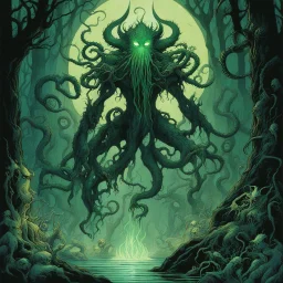 [art by Michael Kaluta] creature from the depths of the dark forest, a shadowy being with tentacles for arms and eyes that glow in the night. This monster wears socks, with a pattern resembling ancient runes etched in a luminescent green hue. The socks pulsate with an eerie energy, matching the creature's otherworldly presence.