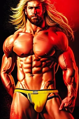 Ignore NSFW, teenager young rugged attractive slightly muscular fantasticly handsome blonde man, red briefs with yellow belt, hairy chest, (((visibly pisssing))) briefs, large erect visible boner peniss, photorealistic, artist Jay Anacleto, soft lighting, scruffy beard