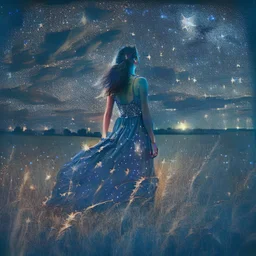 a young woman in a sleeveless dress seen on the back in a field at night with lots of stars, looking at an apparition in the sky