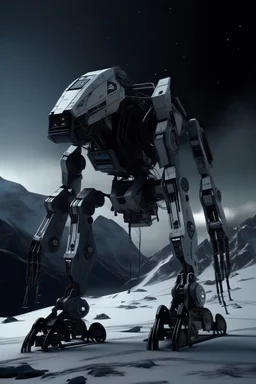 I want an image of a eight legged mechanical walker mech scaling the side of mout everest at night, it has a smooth surface, it has storage pods on its belly human can fit in the pods, it is covered with camera arrays