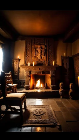 Create an image of a throne in an old house with a fireplace and strange runes in side a temple with dim light of fire torch on the wall in the background