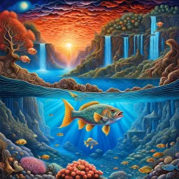 An Trees, waterfalls, and imaginative landscapes. Underwater lake fish. Coral. The sky is decorated with stars and sky waterfalls fantasy, perfect anatomy, fantasy, vibrant digital art professional award winning masterpiece, oil on canvas Atmospheric extremely detailed Josephine Wall