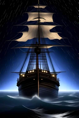 Wooden Ship front view with a Spider figurehead at night in a storm with giant waves