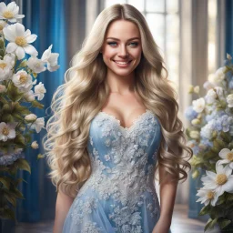 (best quality, 4k, 8k, highres, masterpiece:1.2), ultra-detailed, (realistic, photorealistic, photo-realistic:1.37),hyper realistic, full body gorgeous smiling 1woman,long hair,looking at viewer,realistic proportions,blue eyes,hair ornament,transparent lace dress,very long hair,flower,blonde hair,parted lips,necklace,white dress,blonde hair,lips,joyful pastel background,freckles,realistic,head wreath, pink flower,realistic portrait, dreamy fantasy landscape countryside,great pespective,crystal