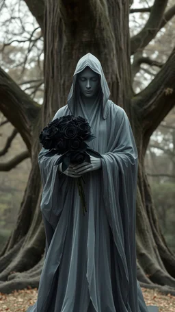 In a mesmerizing and ethereal manner, an otherworldly being emerges in the form of a translucent grey hood statue flowing smoky black robes. He is holding a bouquet of black roses, Forward facing a big tree in the background