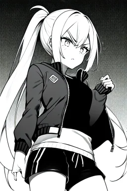 blonde girl with ponytails dressed in a jacket and shorts walks angry, greyscale