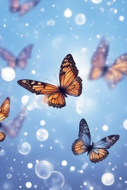 Butterflies and bubbles flying up to the sky in winter