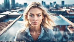 double exposure, portrait of a blonde woman on the roof, top view, clear focus, high detail. 3d, 64k, high definition, facial features are presented in high definition, which can be seen in 4K quality. sharp focus, high detail, ultra-quality, ultra-detailed, high detail, very detailed, hard style, Sakimichan style