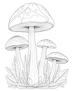 coloring page.A vector illustration of a Renaissance mushroom garden, with clean lines and a white background