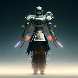 A portrait of a crystalised robot samurai with yakuza tatu, atmospheric, realistic, unreal engine cosmic galactic, cinematic lighting, octane render, random colors, transparent, cosmic ambiance, masterpiece, art by Yoji Shinkawa, composing fit inside