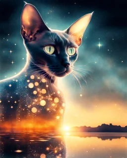 lora:Double Exposure Flux:1.0> A Oriental shorthair Siamese cat Against stars background Hyperealistic bioluminescent double exposure of Intricate Elaborate Double Exposure :: transparent cthulhu :: white background :: sunset+technology+memories inside double exposure art :: transparent layers by Photoshop Layers :: post processed double exposure art :: inspired by Surrealism+Pointillism+Double exposure art