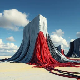 Fotografia di una superficie piatta di colore azzurro chiaro e giallo pastello, su cui si ergono alcuni gigantesche immense enormi strutture di forma indefinita, fatte di materiali vari, ricoperte da materiale plastico argentato, rosso, e nero, che scende a terra. Max Ernst, Amano, Yves Tanguy, Piet Mondrian, James Ensor, paranoic, obsessive, eccessivo, aria aperta, sole, nuvole, glossy, surreal, hasselblad h6d400c --ar 85:128 --v 6.