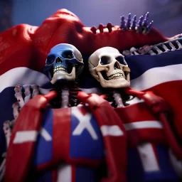 a picture of a dark, comedic, anatomically correct wall of red white and blue tightly packed stacked cyborg skulls of varying sizes and expressions, photo realistic, insanely meticulous, highly detailed, part of a collection of bones on display, 64k, dystopian, vray