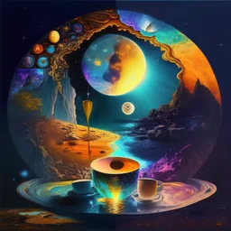Cafe and psychedelic space. Moon, sun, star, milky way, wind, soil, fire, water, waterfall, coffee cup, light, superior sense, seven chakras, broken mirror space, day and night.