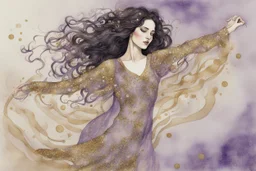 Dynamically dancing long haired brunette woman, in Klimt style, in lilac, watercolor and ink, golden glitters