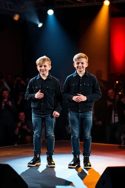 Norwegian Identical boy twins celebrites, same sex gender standing on a stage with holding their hands, lot of photographers, flashing lights, identical twins with same sex gender