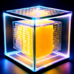 futuristic translucent neurocube, inside the cube there are perpendicular partitions of honeycomb plates, ambient lighting