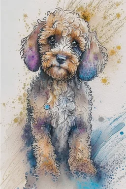 Abstract wet watercolour of a cockapoo, ink lines, splashy background detailed,focus on eyes, watercolour paper