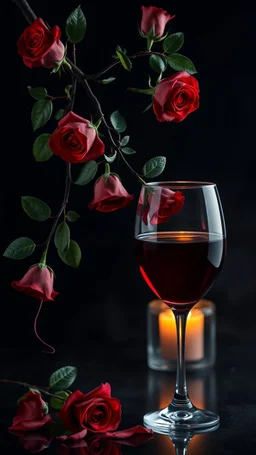 The image is a digital artwork that depicts a branch of tree of Red roses and leaves tangling down cr The background is black, which makes a branch of a tree of red roses stand out even more adding to the dreamy, ethereal quality of the image.all leaves and A big sweat on the outside the glass of red wine up in front the roses. A dim light candle in the background