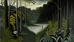 A gray jungle with a toxic river painted by Henri Rousseau