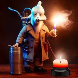 smoke bust of ghostbuster, ancient, magic,on dark wooden table with drinking glass,compass,brilliance, candle, dark figure in background, movie poster