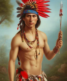 Guaicaipuro, native american god warrior, red feathers headdress, shirtless, holding a stone tip spear