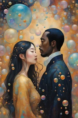 asian woman with long hair and black man with short hair in a world of bubbles, facing away, colorful, painterly, like a painting, mystical, wonder, mysterious, psychedelic art, gustav klimt style, gold leaf, romantic, art nouveau