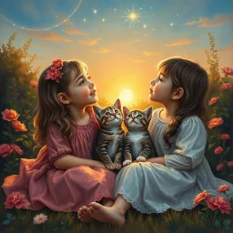 A magical moment in a painterly sunset garden. The two girls sit close together with the three kittens cuddled between them, looking up toward the glowing evening sky. Above them, soft light trails, sparkles, or a glowing star emerge — a touch of fantasy as if nature itself whispers to them. The warm colors wrap around them: coral, gold, rose, and soft blue. The composition feels like the closing page of a gentle fairy tale. Painted with rich oil textures, craquelure, and poetic atmosphere. --v