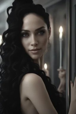 Close up of a beautiful woman with long curly black hair standing in front of a mirror, she smiles, but her reflection in the mirror doesn't smile back, it is a dark demon with intense scary eyes looking back at her. Super realistic, 8k high quality