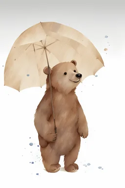 Create an adorable watercolor image of a smiling bear with umbrella-similar to the one provided. The bear should have a friendly expression, just like the bear in the provided image, infusing the illustration with a sense of liveliness and charm characteristic. Keep the design simple and elegant.