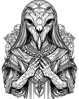 symmetrical raven tattoo, coloring book page, clean line art, adults drawing book, Black and white only, crisp black lines, sharp lines, coloring page for adults, black and white picture, lots of details, tattoo style,tattoo ideas, full body