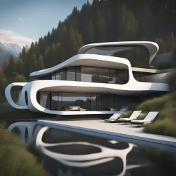 Casa campestre moderna en la montaña, minimalista, estilo Zaha Hadid, Arte digital, hiperdetallada, calidad ultra, 8k