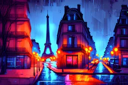 city, old buildings, one window lights, one man on street, Eiffel Tower, digital painting