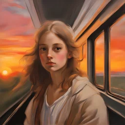 A girl on the train with sunset sky behind her painted by Turner