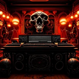 DJ of the damnded, insanely detailed DJ booth in hell, MID set, speakers and equipment made of bone, anatomically correct, add more skulls in th audience, photorealism, vray, 8k 3d