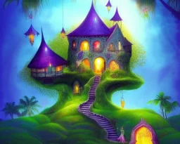 mystical house on a hot tropical island, fantasy art, surreal art, beautiful little fairies sitting on the trees,